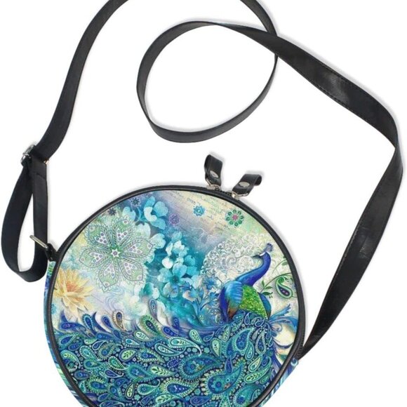 Round Crossbody Bag Small Circle Purse Zip Handbag for Women